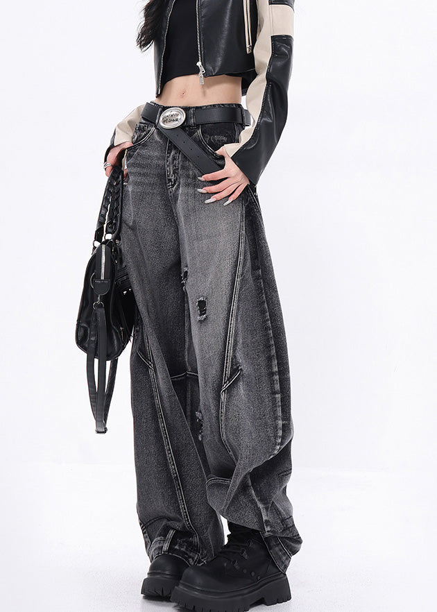 Stylish Black Pockets Patchwork Denim Ripped Pants Fall