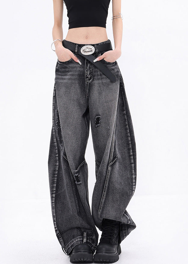 Stylish Black Pockets Patchwork Denim Ripped Pants Fall
