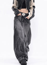 Stylish Black Pockets Patchwork Denim Ripped Pants Fall
