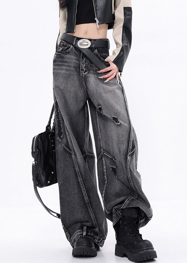 Stylish Black Pockets Patchwork Denim Ripped Pants Fall