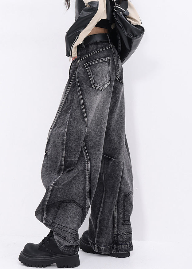 Stylish Black Pockets Patchwork Denim Ripped Pants Fall