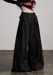 Stylish Black Pockets Wrinkled Patchwork Cotton Wide Leg Pants Fall