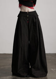 Stylish Black Pockets Wrinkled Patchwork Cotton Wide Leg Pants Fall