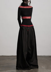 Stylish Black Pockets Wrinkled Patchwork Cotton Wide Leg Pants Fall