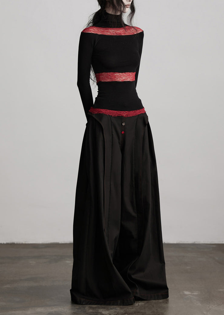 Stylish Black Pockets Wrinkled Patchwork Cotton Wide Leg Pants Fall