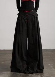 Stylish Black Pockets Wrinkled Patchwork Cotton Wide Leg Pants Fall