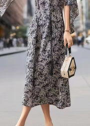 Stylish Black Print Flower Decorated Silk Dress Cloak Sleeves