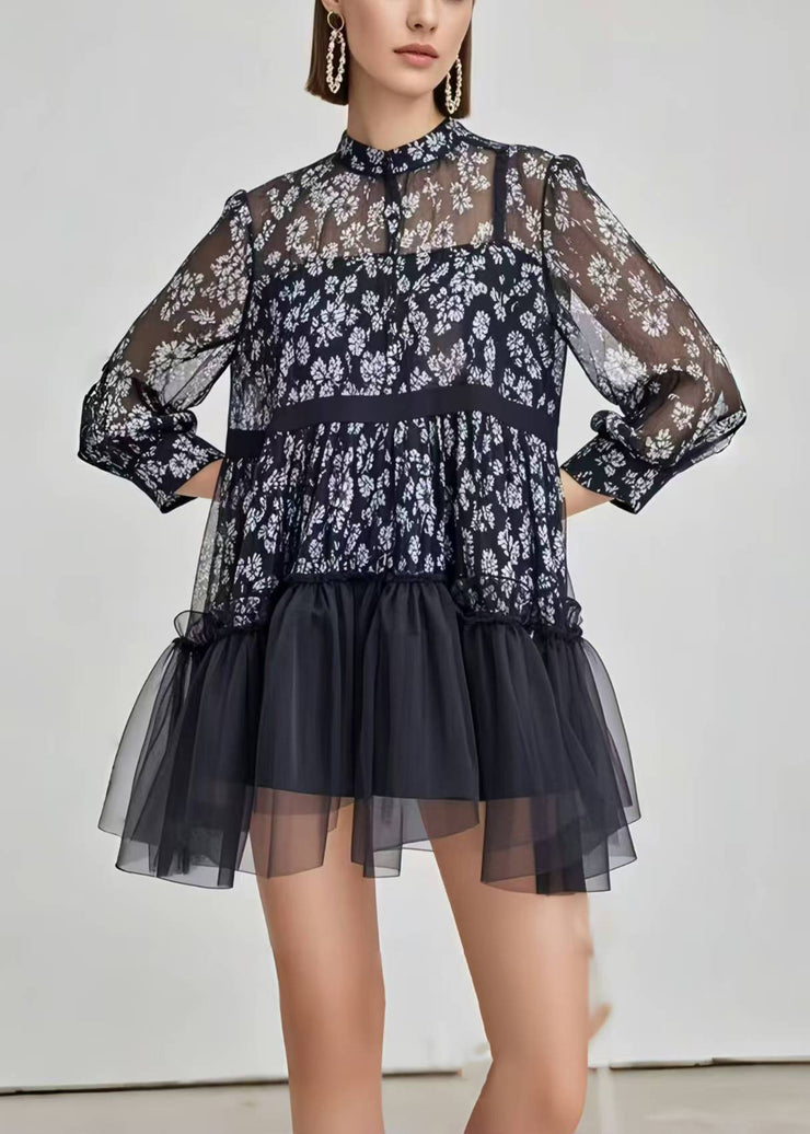 Stylish Black Print Patchwork Chiffon Mini Dress Summer