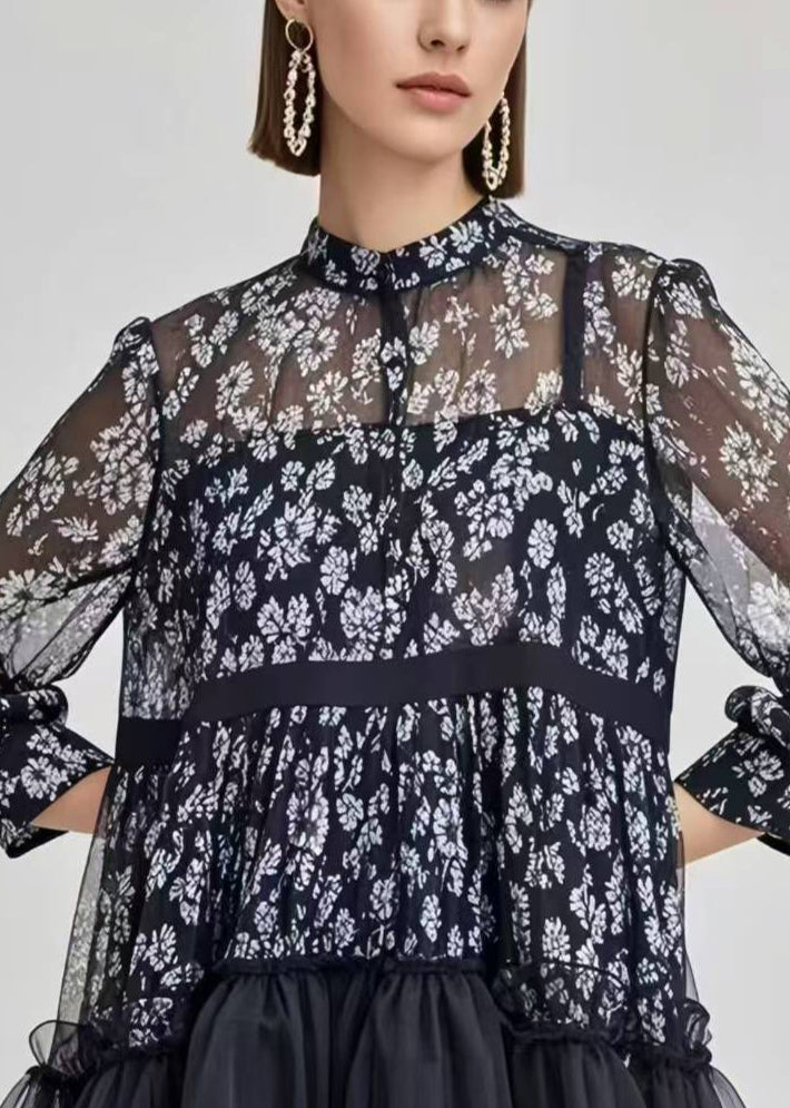 Stylish Black Print Patchwork Chiffon Mini Dress Summer
