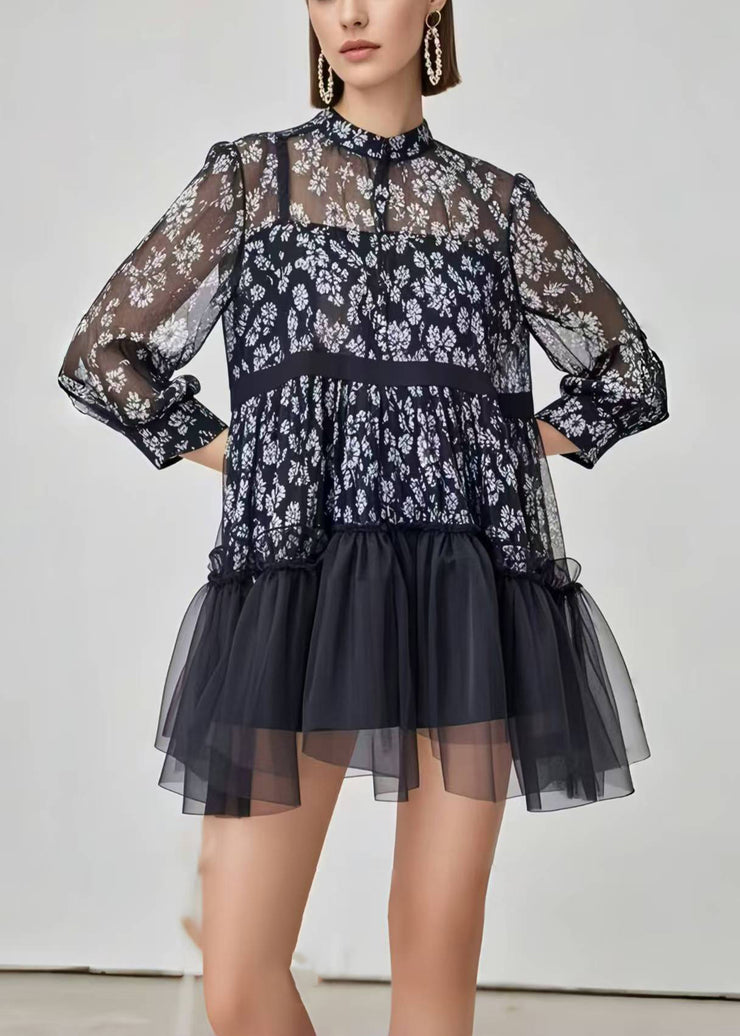 Stylish Black Print Patchwork Chiffon Mini Dress Summer