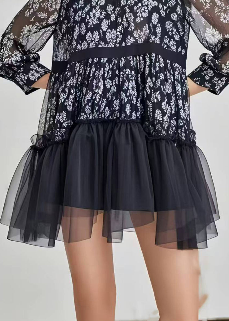 Stylish Black Print Patchwork Chiffon Mini Dress Summer