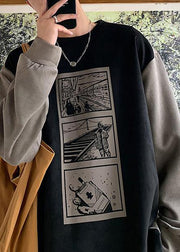 Stylish Black Print Patchwork Faux Suede Men T Shirt Spring