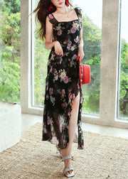 Stylish Black Print Side Open Chiffon Long Dress Summer