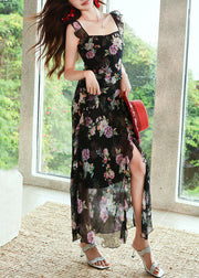 Stylish Black Print Side Open Chiffon Long Dress Summer