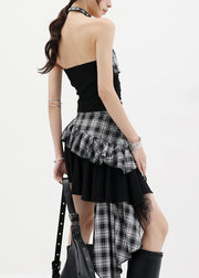 Stylish Black Ruffled Asymmetrical Patchwork Cotton Strapless Dress Summer