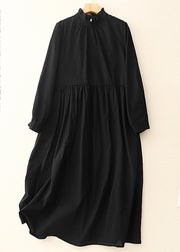 Stylish Black Ruffled Cotton Long Dress Spring