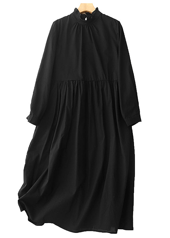 Stylish Black Ruffled Cotton Long Dress Spring