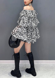 Stylish Black Slash Neck Print Chiffon Blouses Flare Sleeve