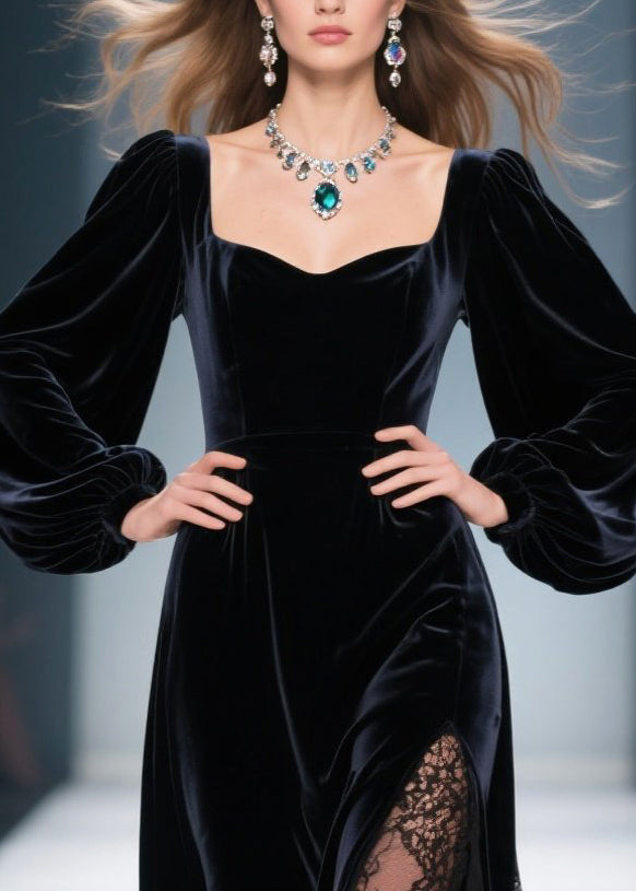 Stylish Black Square Collar Lace Patchwork Silk Velvet Dresses Spring