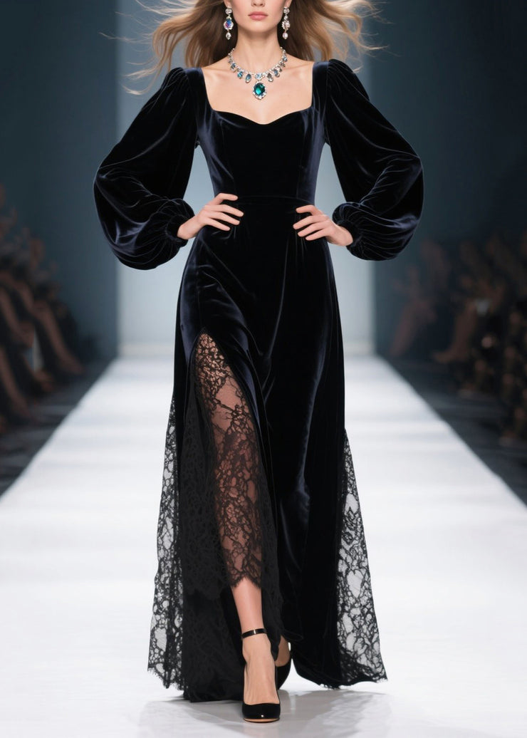 Stylish Black Square Collar Lace Patchwork Silk Velvet Dresses Spring