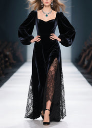 Stylish Black Square Collar Lace Patchwork Silk Velvet Dresses Spring