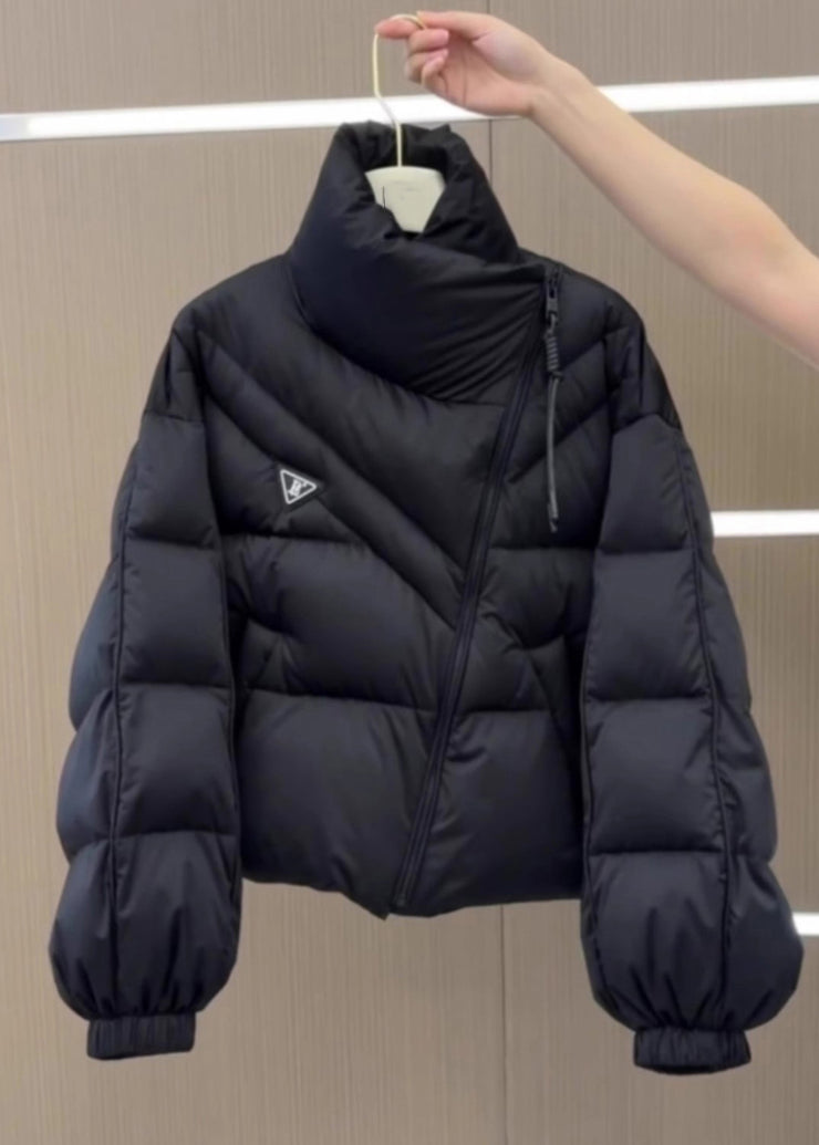 Stylish Black Stand Collar Zippered Patchwork Solid Parka Puff Sleeve