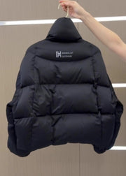 Stylish Black Stand Collar Zippered Patchwork Solid Parka Puff Sleeve