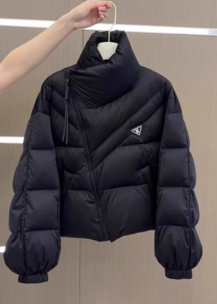 Stylish Black Stand Collar Zippered Patchwork Solid Parka Puff Sleeve