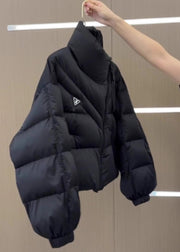 Stylish Black Stand Collar Zippered Patchwork Solid Parka Puff Sleeve