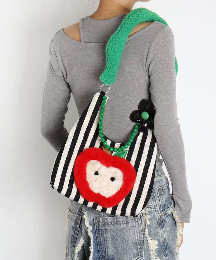 Stylish Black Striped Patchwork Apple Canvas Shoulder Bags