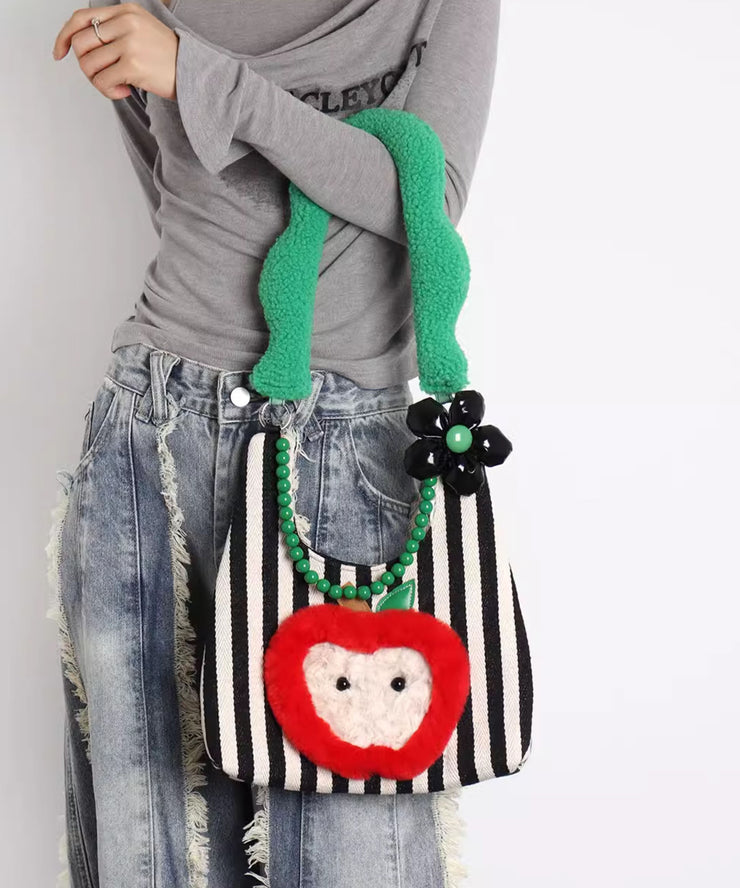 Stylish Black Striped Patchwork Apple Canvas Shoulder Bags