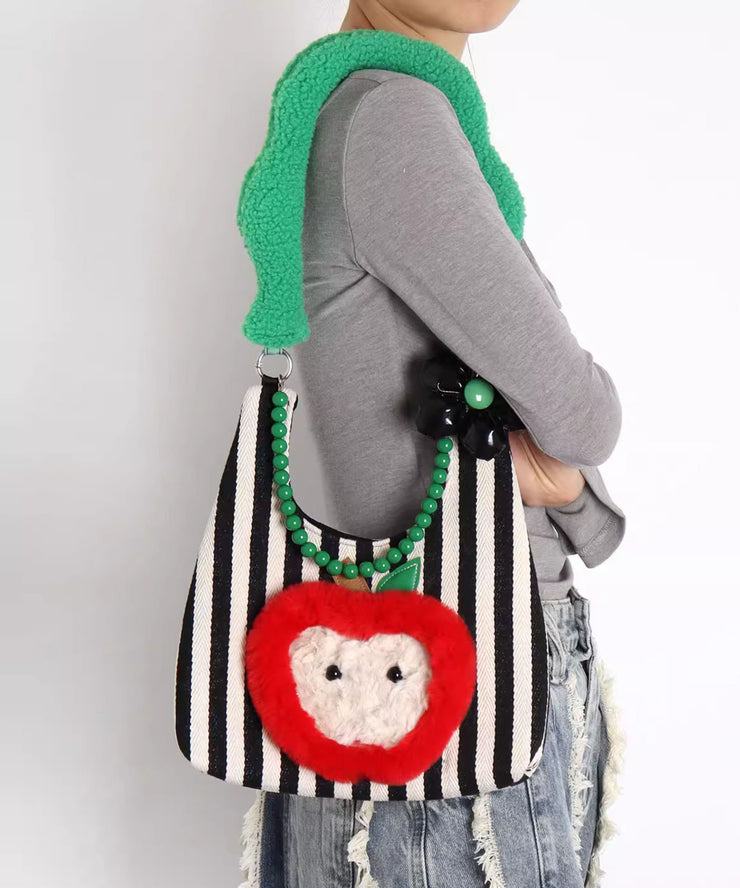 Stylish Black Striped Patchwork Apple Canvas Shoulder Bags