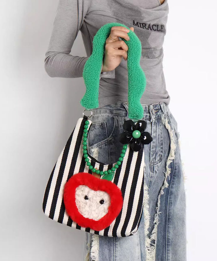 Stylish Black Striped Patchwork Apple Canvas Shoulder Bags
