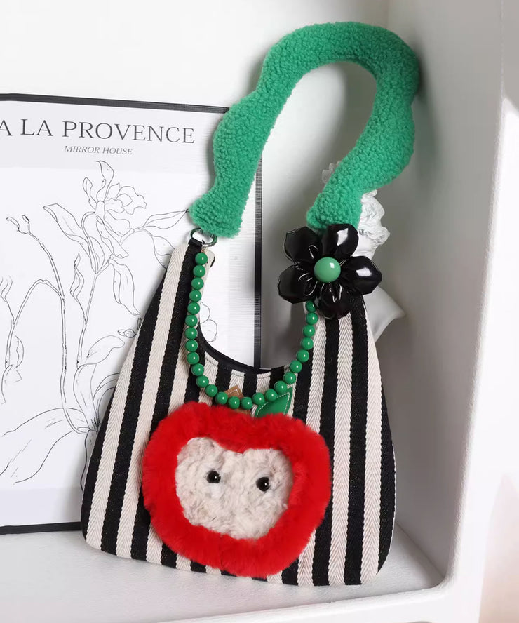 Stylish Black Striped Patchwork Apple Canvas Shoulder Bags