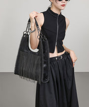 Stylish Black Tassel Faux Leather Large Capacity Shoulder Bag