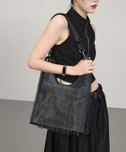 Stylish Black Tassel Faux Leather Large Capacity Shoulder Bag