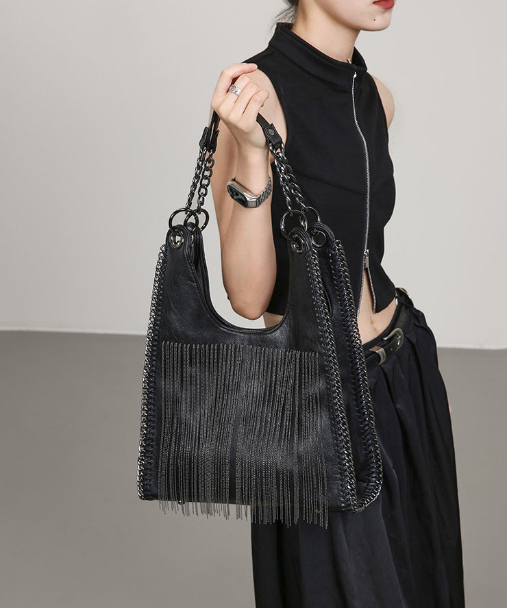 Stylish Black Tassel Faux Leather Large Capacity Shoulder Bag