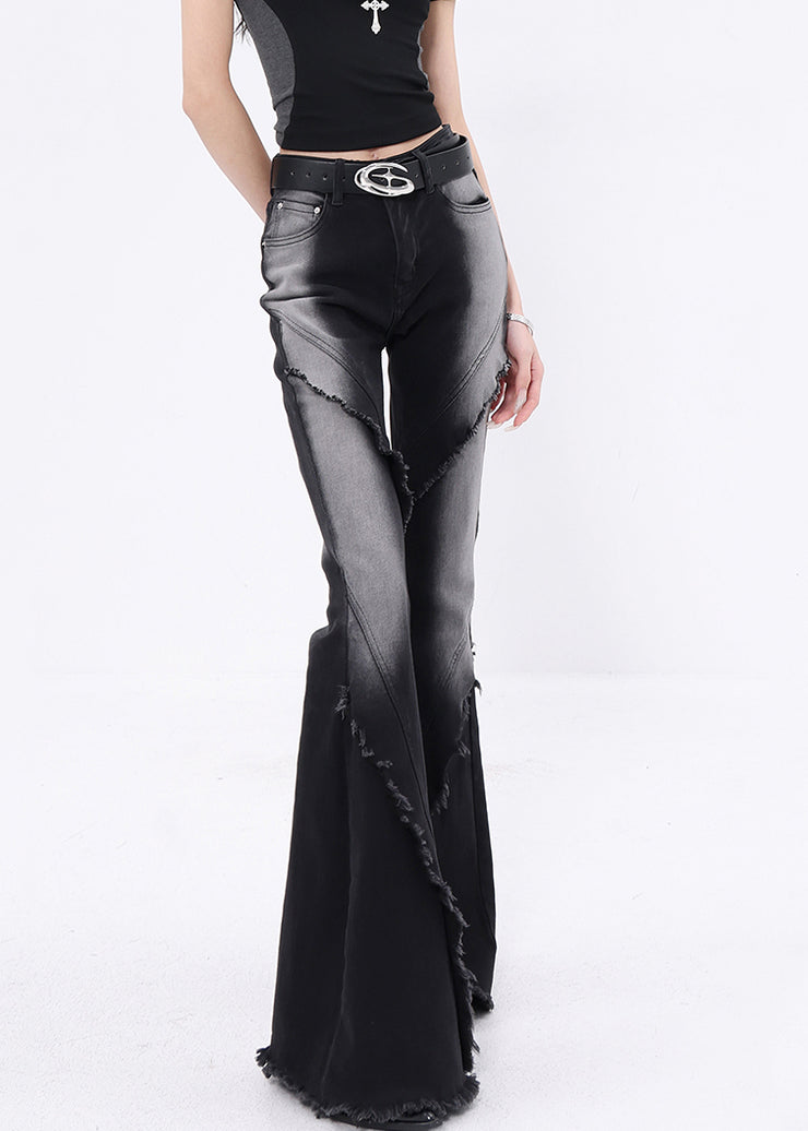Stylish Black Tasseled Pockets Patchwork Denim Flared Trousers Fall