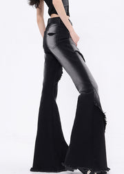 Stylish Black Tasseled Pockets Patchwork Denim Flared Trousers Fall