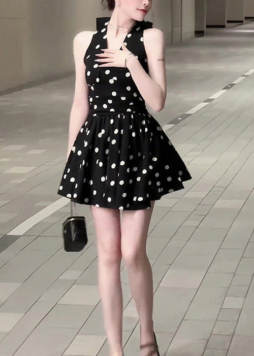 Stylish Black V Neck Dot Bow Cotton Mid Dress Sleeveless