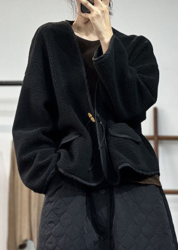 Stylish Black V Neck Pockets Teddy Faux Fur Loose Coats Winter