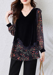 Stylish Black V Neck Print Silk Velour Patchwork Chiffon Top Fall