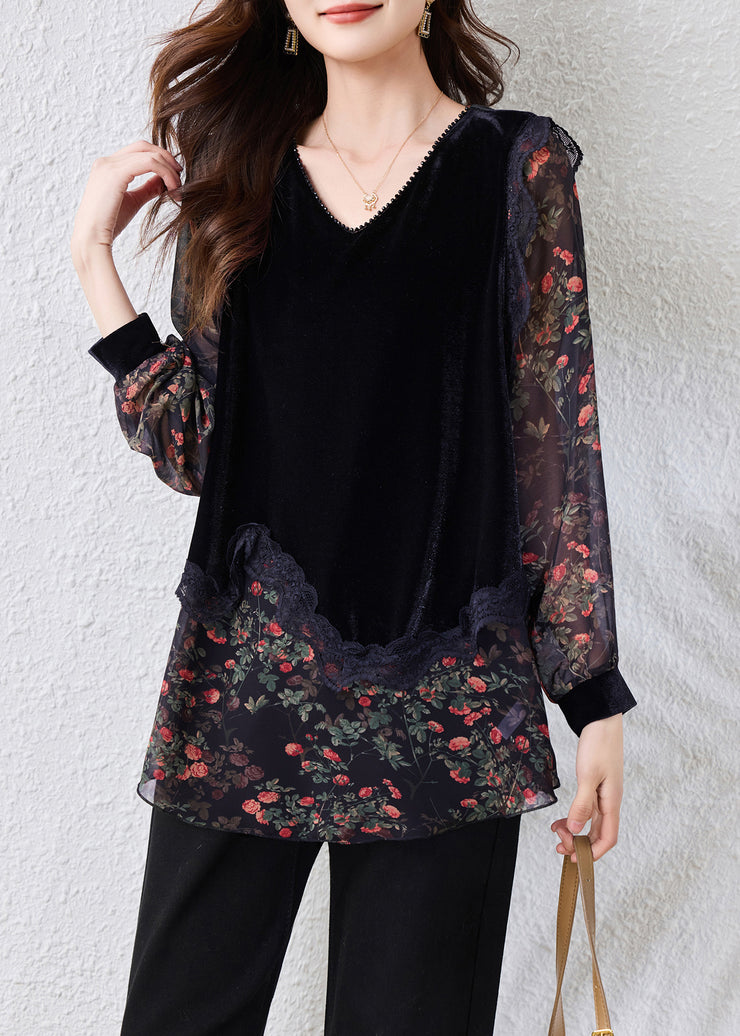 Stylish Black V Neck Print Silk Velour Patchwork Chiffon Top Fall