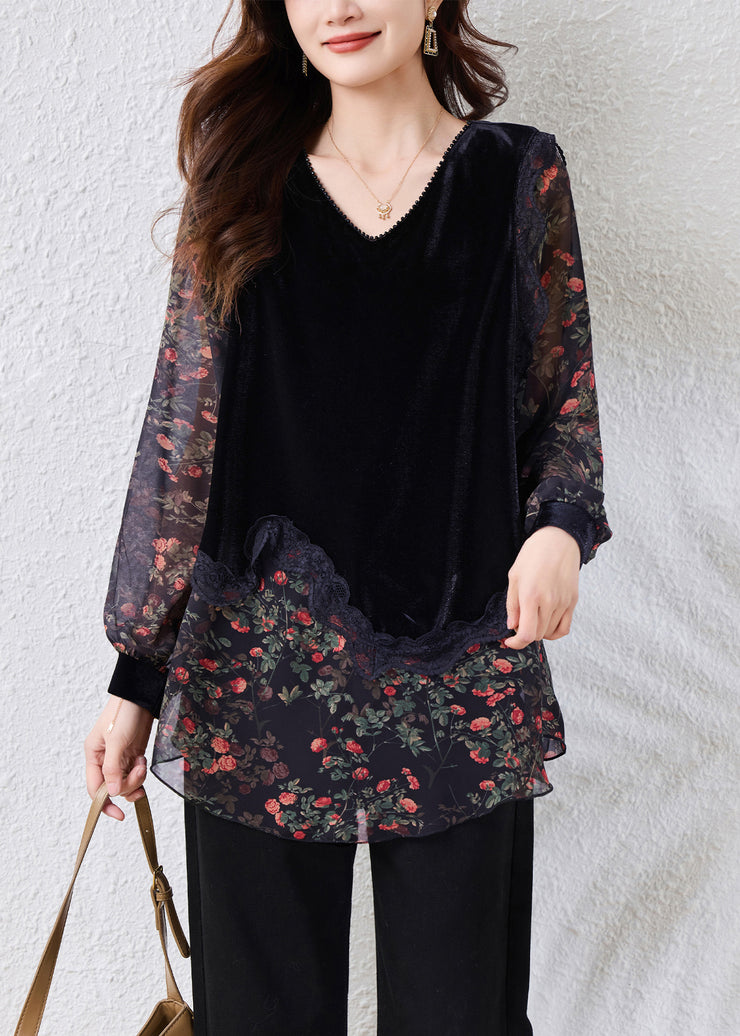 Stylish Black V Neck Print Silk Velour Patchwork Chiffon Top Fall