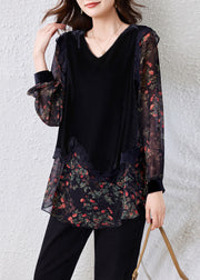 Stylish Black V Neck Print Silk Velour Patchwork Chiffon Top Fall