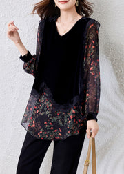 Stylish Black V Neck Print Silk Velour Patchwork Chiffon Top Fall