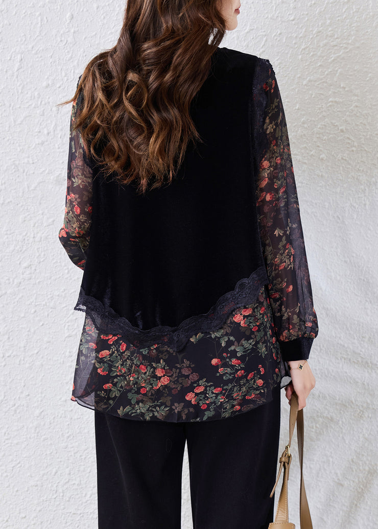Stylish Black V Neck Print Silk Velour Patchwork Chiffon Top Fall