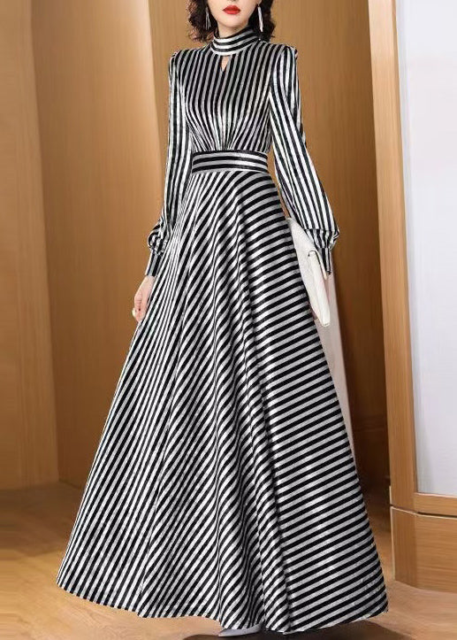 Stylish Black White Striped Silk Velvet Long Dress Fall