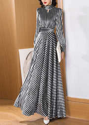 Stylish Black White Striped Silk Velvet Long Dress Fall