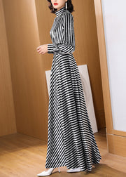 Stylish Black White Striped Silk Velvet Long Dress Fall